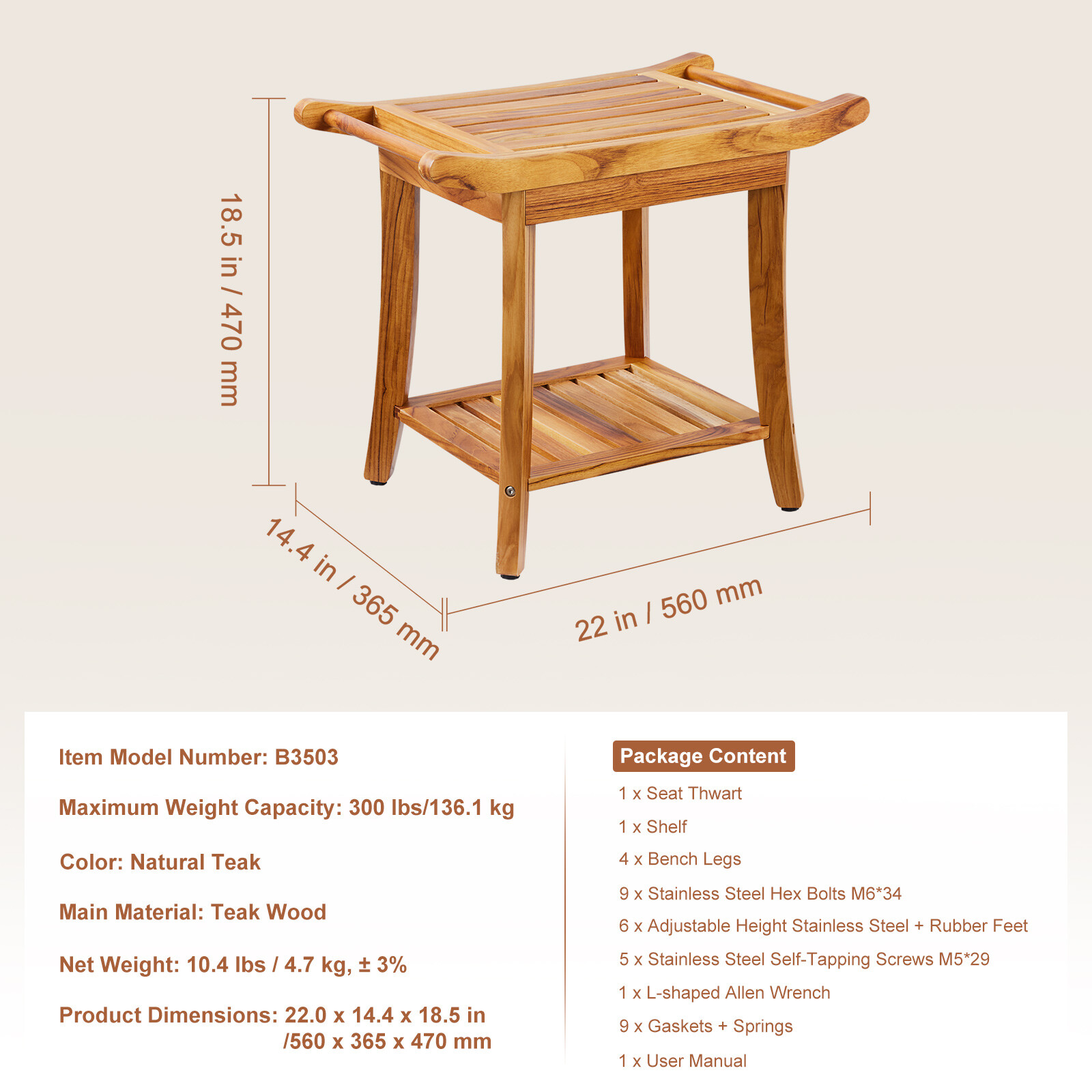 VEVOR Teak Shower Bench Wood Shower Stool Chair for Bathroom