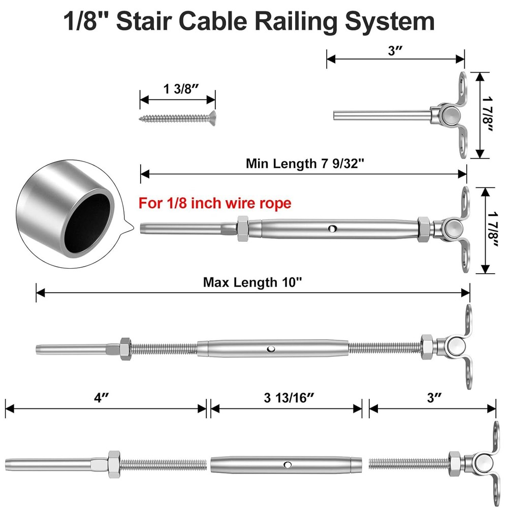 15 Pairs 1/8"Cable Railing Kit Swage Toggle Turnbuckle Hardware Adjustable Angle