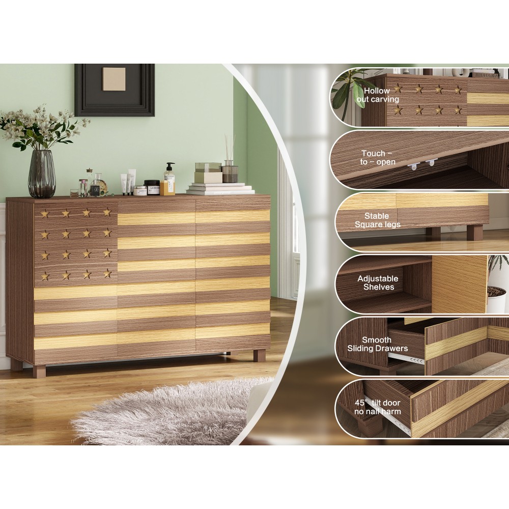 Brown 55" Buffet Sideboard Cabinet,2 Drawers, 3 Doors, Adjustable Shelf
