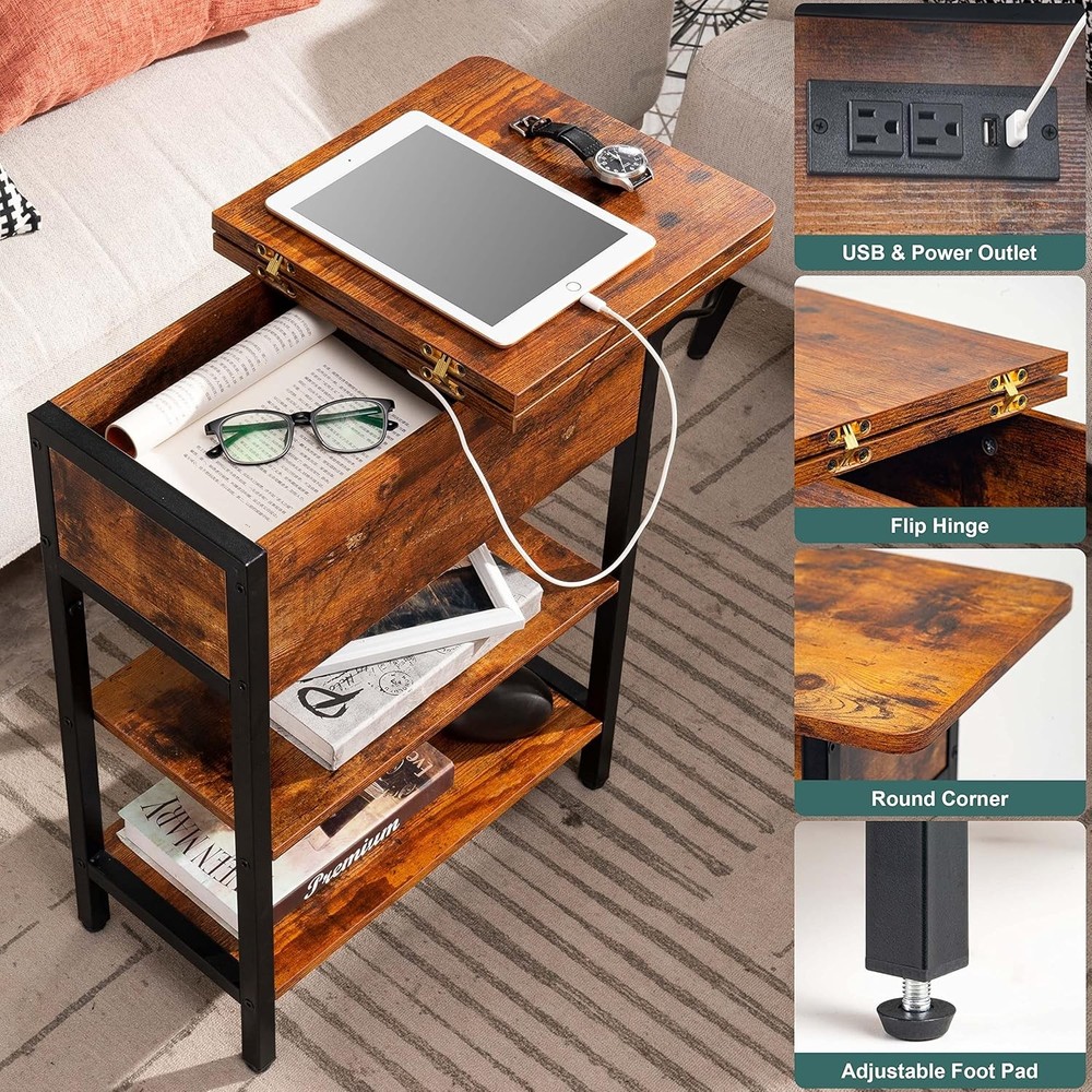 End Table w/Charging Station Flip Top Side Table Sofa Couch Table Bedside Table