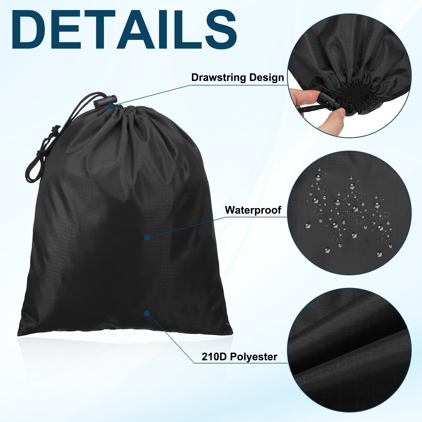6pcs Drawstring Bag with Toggle 6 x 8 Inch 210D Polyester Stuff Sack Black