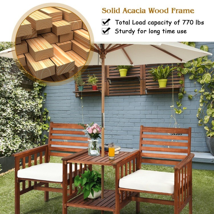3PCS Outdoor Patio Cushion Furniture Acacia Wood Chair Coffee Table Set Backyard