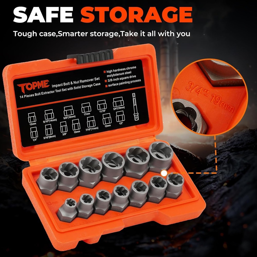 14pcs 3/8 Drive Impact Bolt Extractor Set Nut Remover Extraction Socket Cr-MO