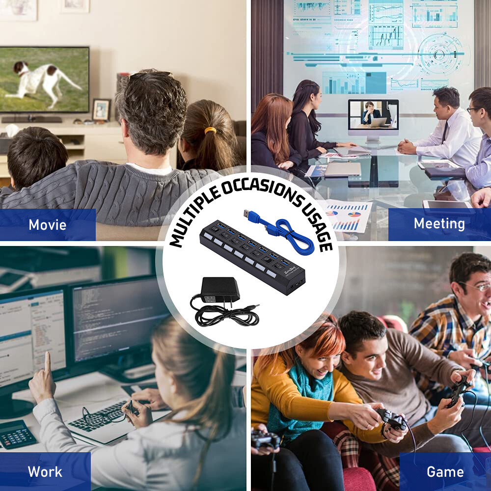 USB 3.0 Hub 7 Port On/Off Switch High Speed Splitter AC Adapter Cable PC Laptop