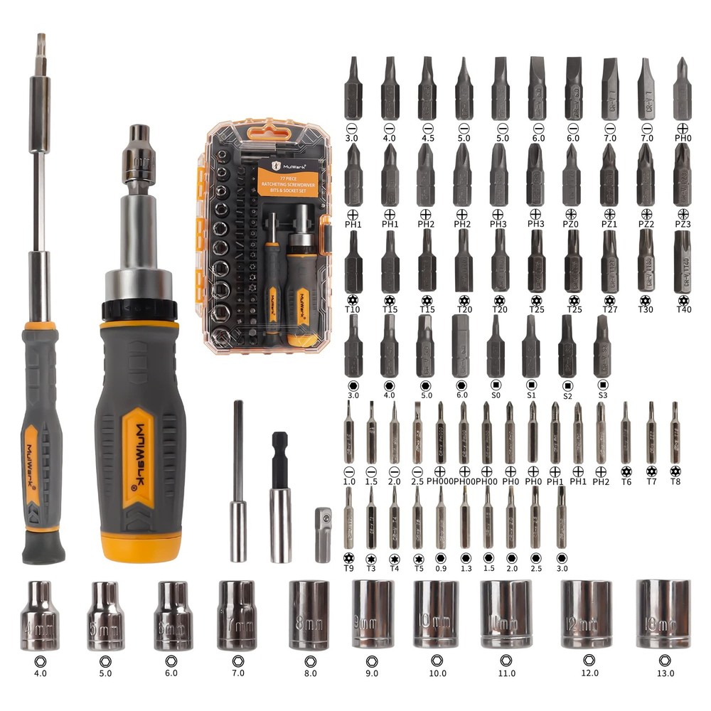 77-Piece Ratcheting Screwdriver & Socket Set - Multi Bit for DIY, Car, Garage