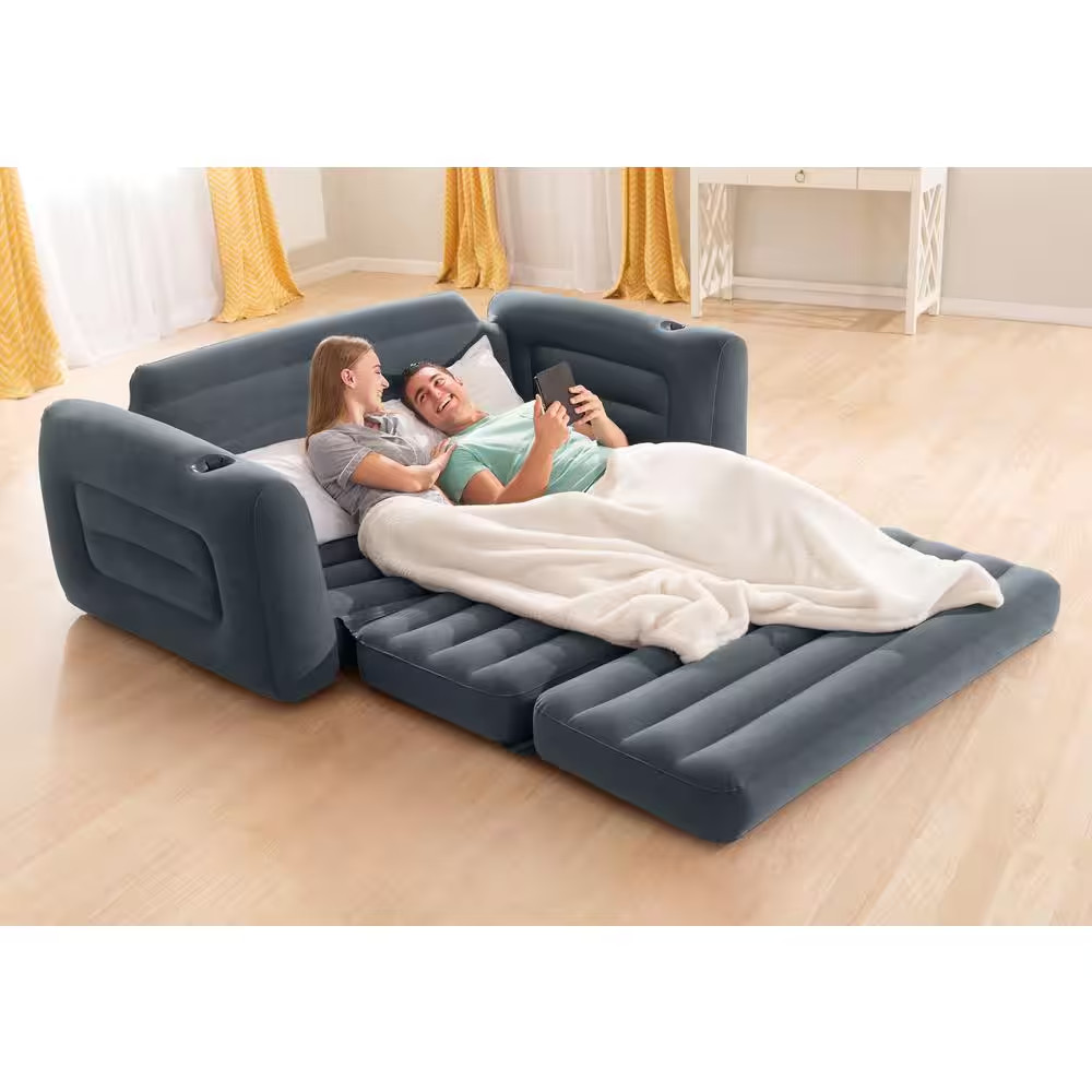Queen Size Inflatable Pull-Out Sofa Bed Couch and Chair Sleeper, Dark Gray