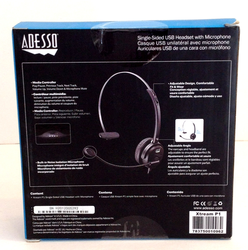 Adesso Xtream P1 Single-Sided USB Wired Headset with Microphone Black NEW