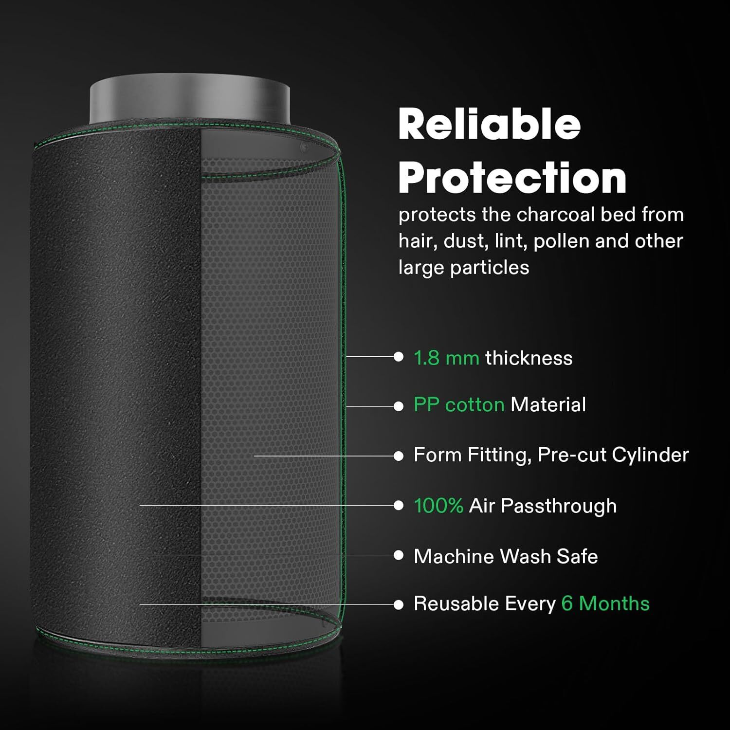 VIVOSUN 4"/6"/8" PP Cotton Prefilter 1.8mm for Carbon Filter Black/White Updated