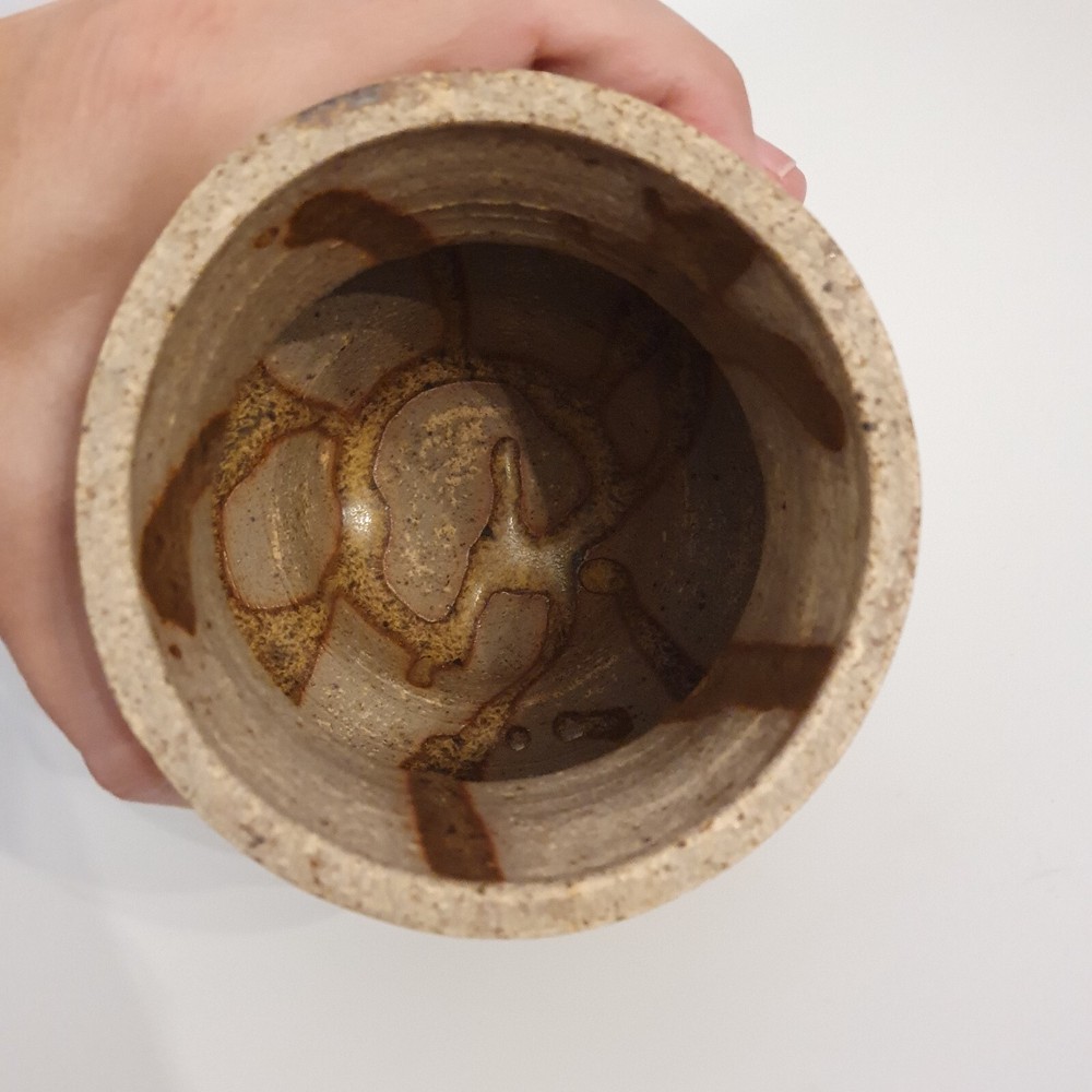 Vintage MCM Earthenware Covered Jar Ash Glaze Threaded 6.5"H Signed