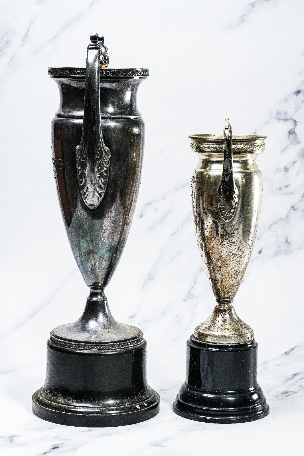 Classic Pair of Large Silverplate Antique Trophy Cup Trophies Home Decor Prop