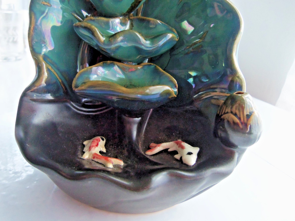Ceramic Iridescent Green Waterfall Incense Burner W/ Koi Fish