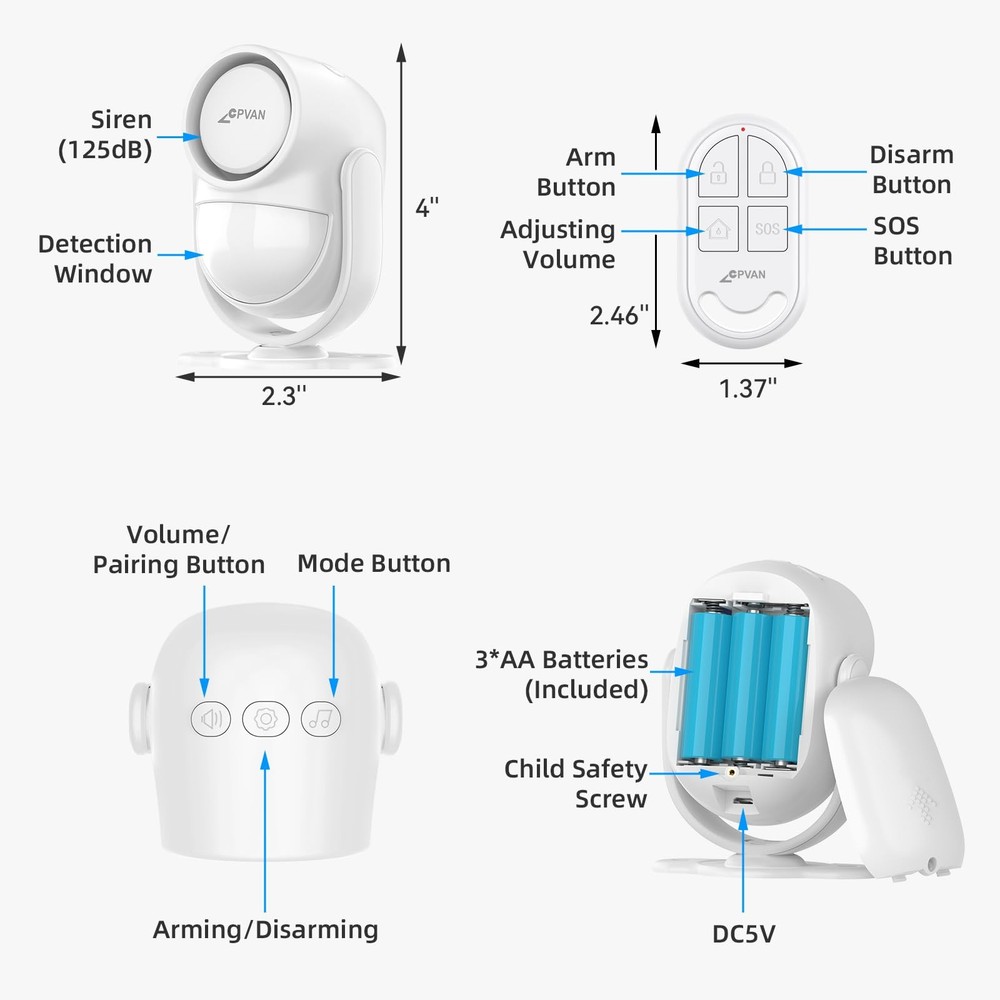 CPVAN 125dB Loud Motion Sensor Alarm with 328ft Remote Control (40ft White