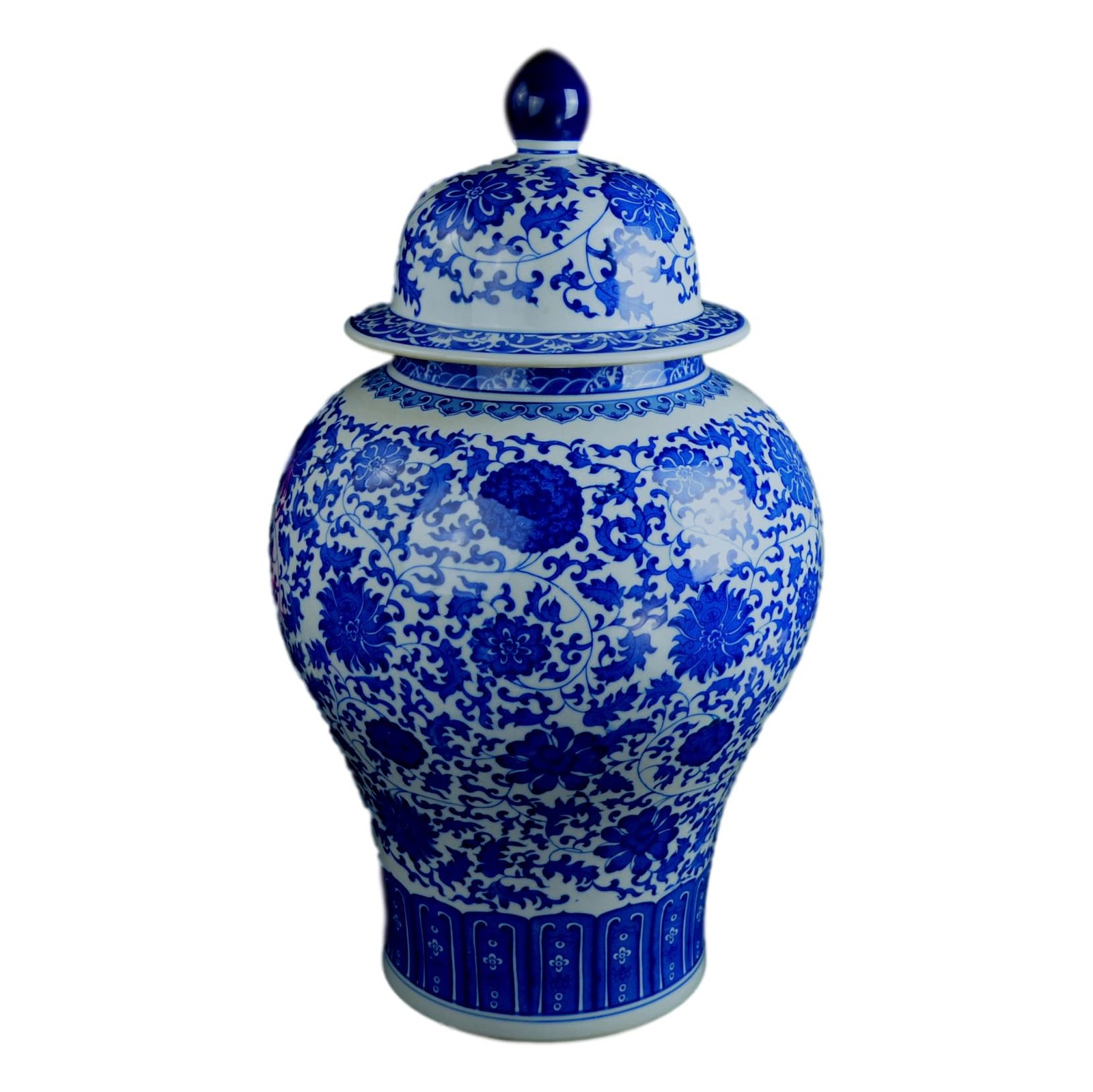 24" Classic Blue and White Floral Porcelain Ceramic Temple Ginger Jar Vase, L...