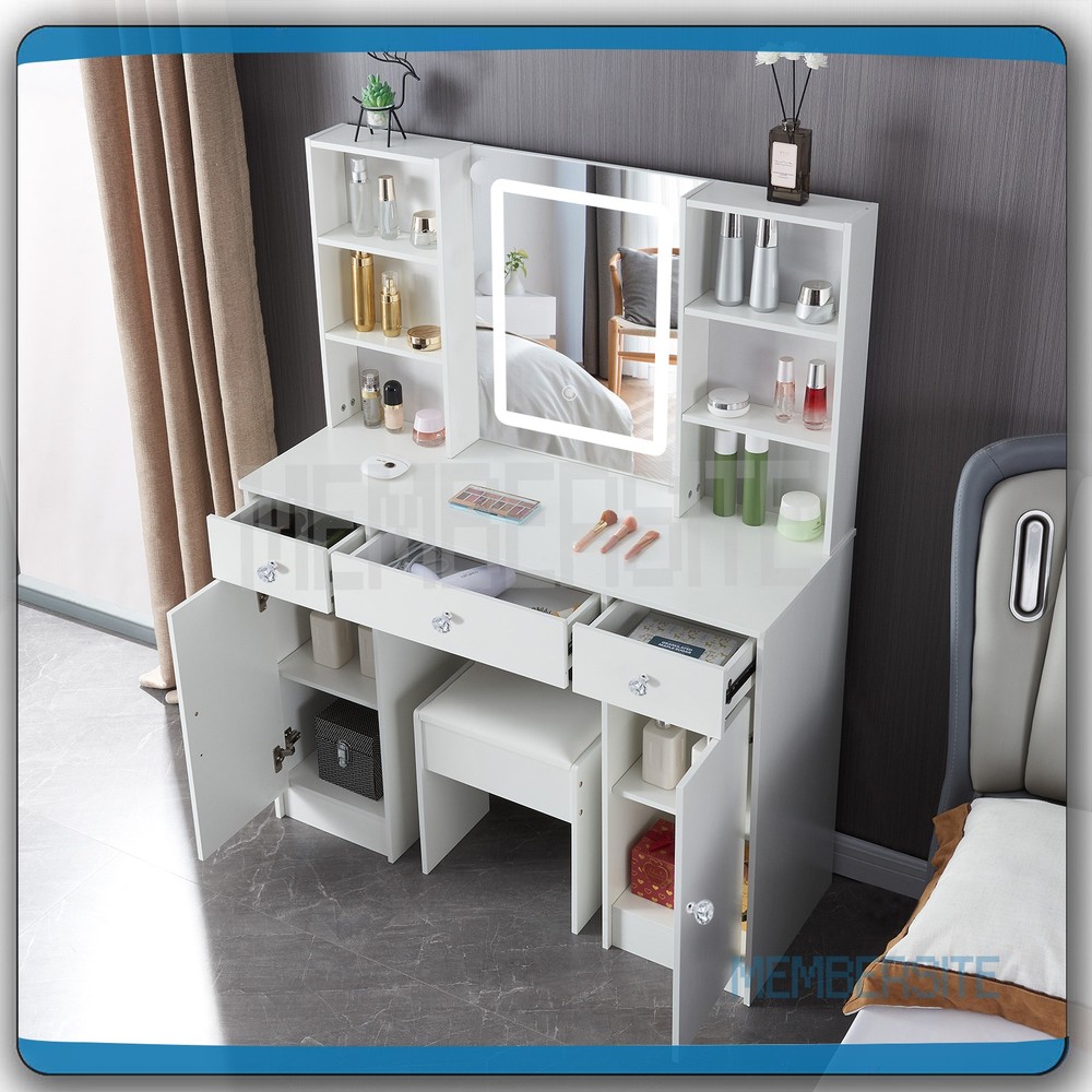 Vanity Table Makeup Dressing Desk with Smart LED Lighted Mirror and Stool White