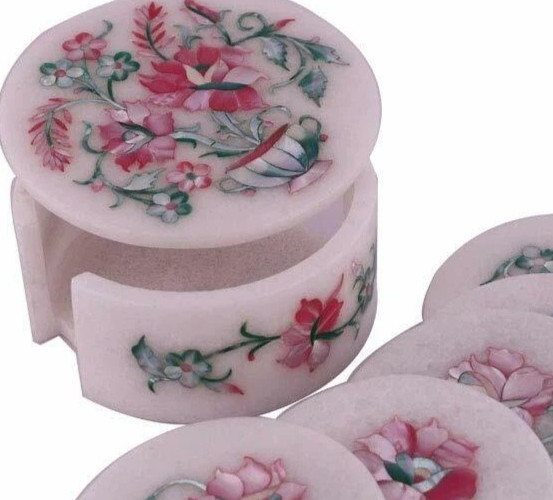 4.5" Round Marble Decorative Coaster Set Multi MOP Inlay Work Coffee Coaster Set