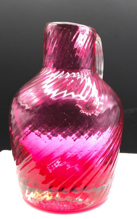 Mini Hand-Blown Cranberry Glass Jug with Handle Unsigned