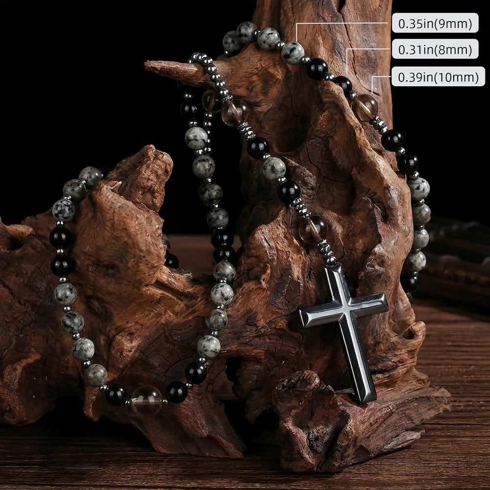 Yooperlite Stone Rosary Necklace UV Glow Hematite Beads Obsidian Cross Gift