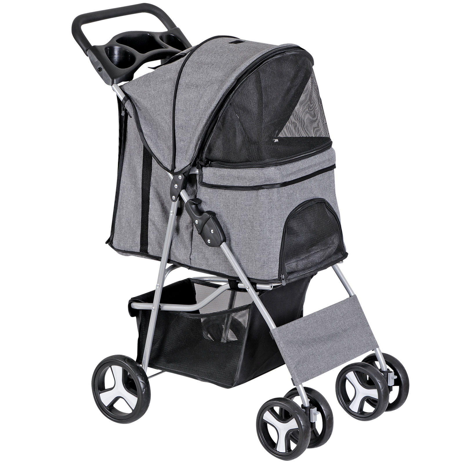 Foldable Carrier Strolling Cart 4 Wheel Pet Stroller for Dog w/ Cup Holder Gray