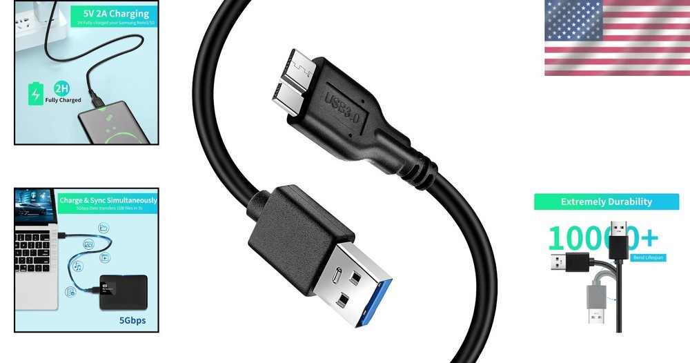 1ft USB 3.0 A Male to Micro B Cable - Fast Charging, 5 Gbps Data Transfer