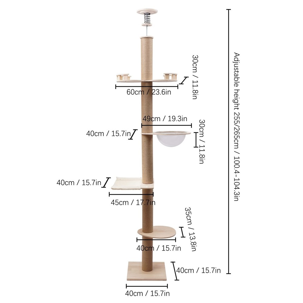 100-104 Inch Adjustable Cat Tree Tower Sisal Rope Scratching Post Multi-Level
