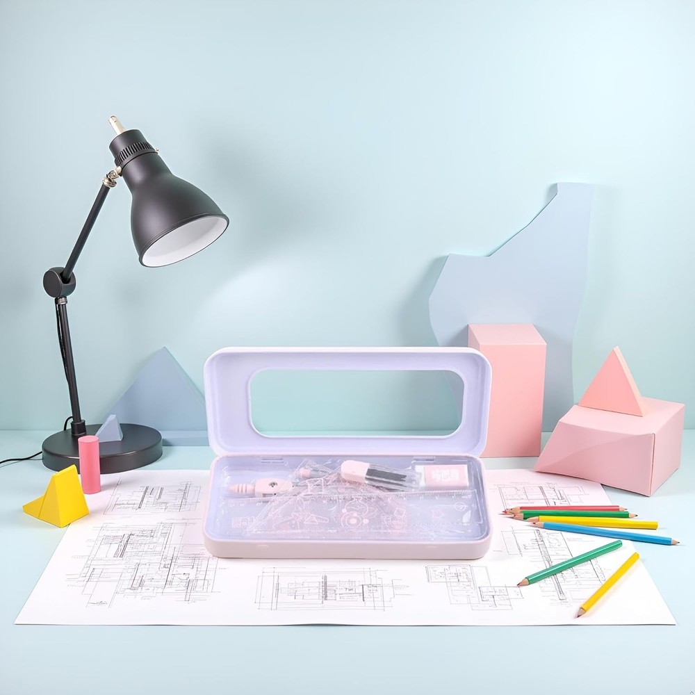 7 Pcs Pink Compass & Protractor Set with Case – Geometry Drafting Tools Kit