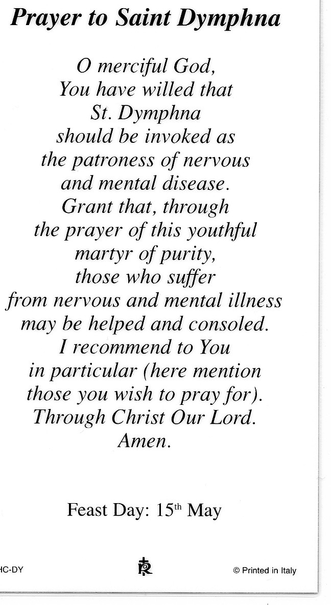 ST. DYMPHNA - Laminated Holy Cards. QUANTITY 25 CARDS