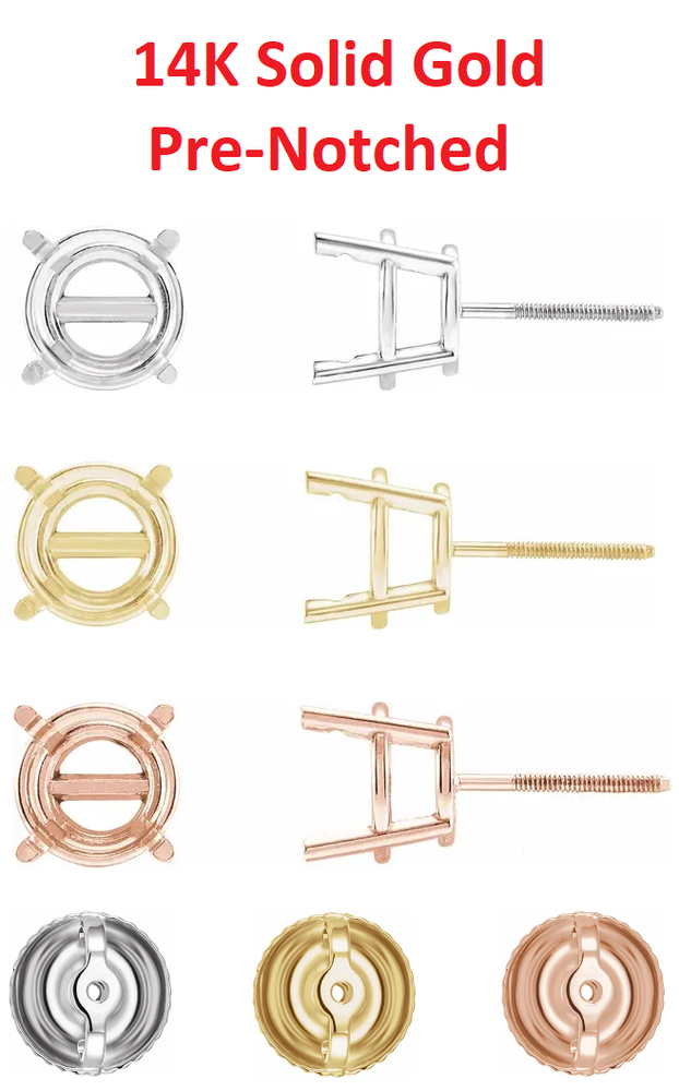 14K Gold Round Pre-Notched Stud Earring Basket Mount Setting Threaded - 1 Piece