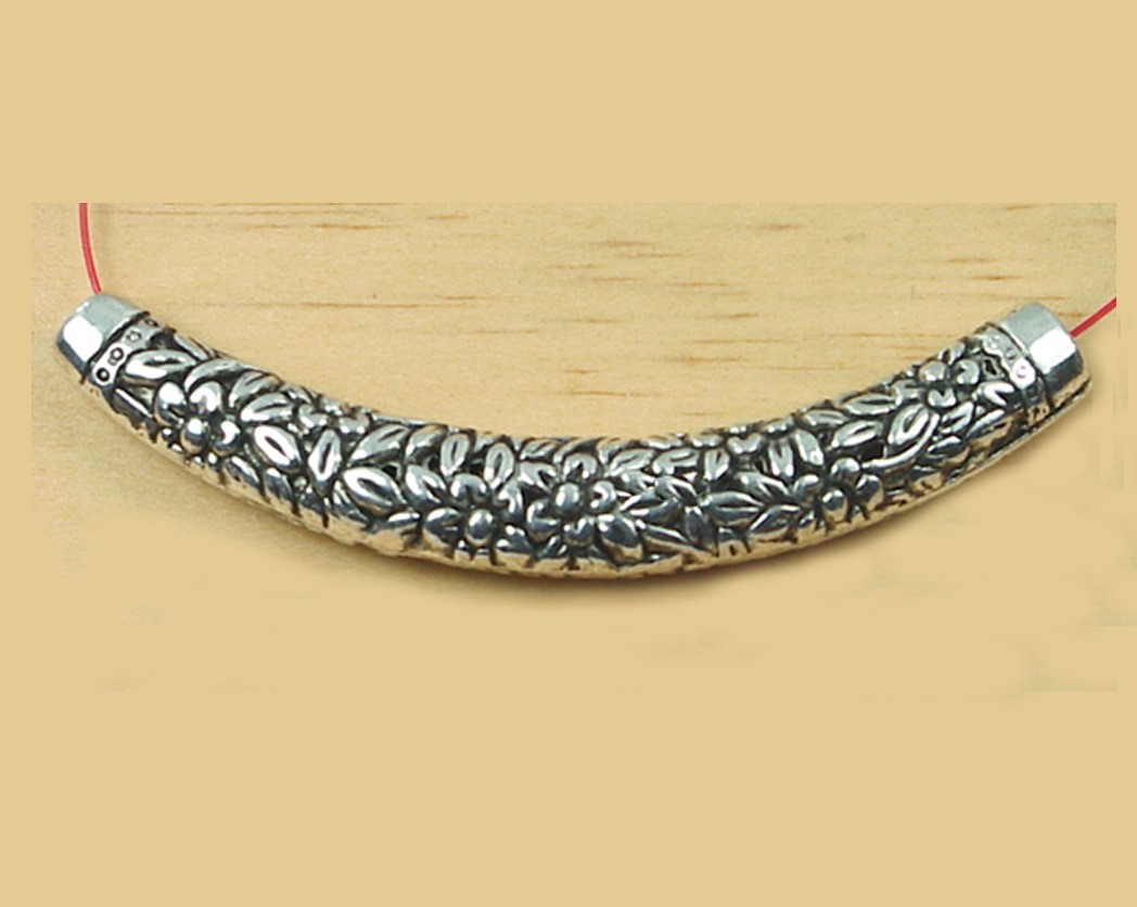 70mm Antique Silver Pewter Engraved Curve Flower Tube Bead