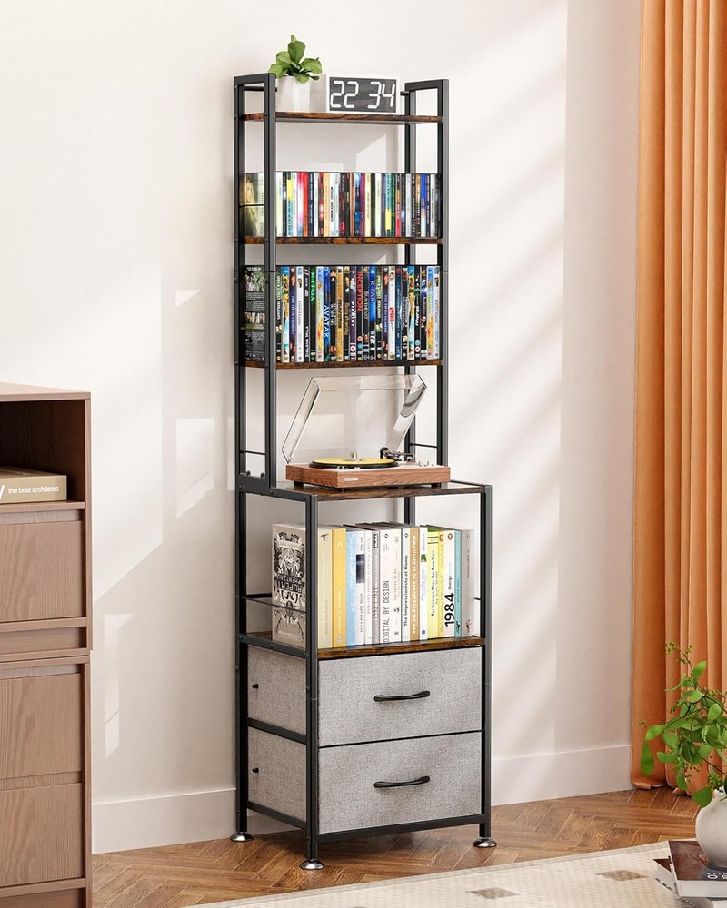CD Rack & Storage W/ Two Drawers 7-Tier DVD Shelf & Rack CD Storage Tower &