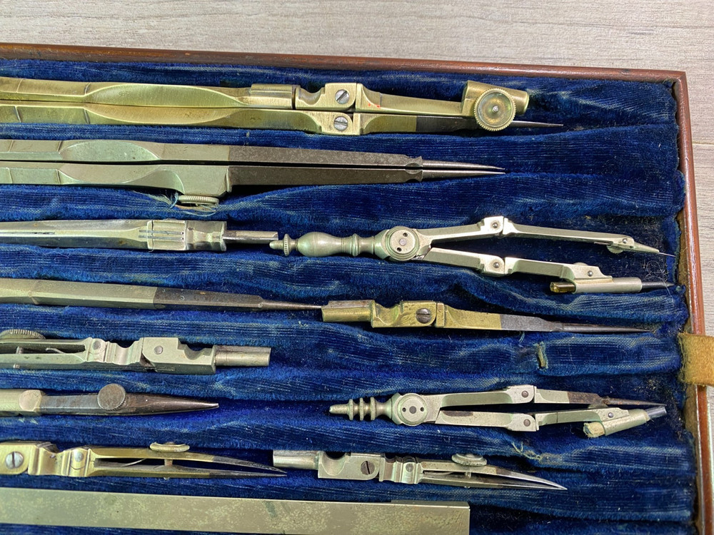 Vintage Engineering Draughtsman Set Technical Drawing Instruments Wooden Case