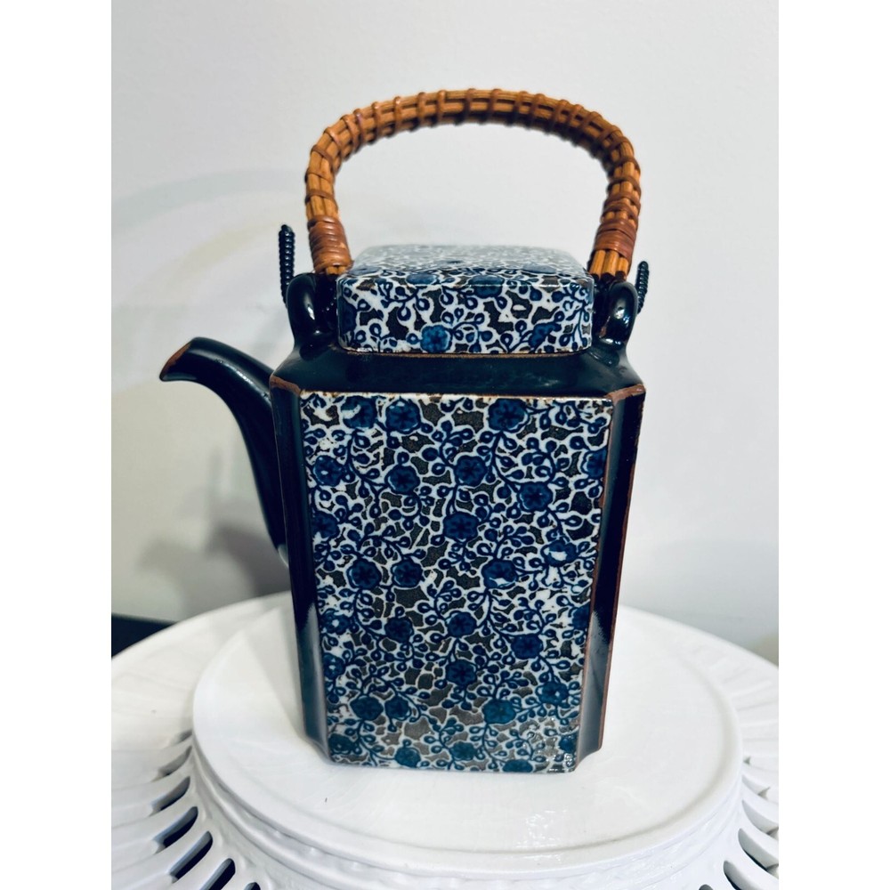 VTG Takahashi Square Tea Pot W/Handle Blue Hand Painted 7"