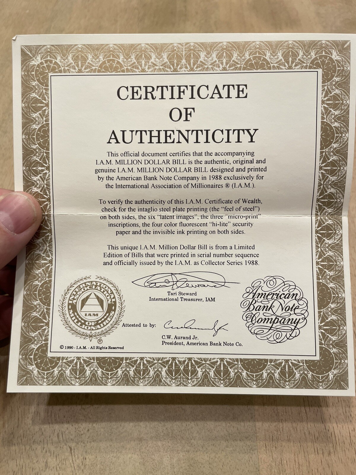 Million Dollar Bill - IAM Collector Series 1988 With Cert of Auth & Paperwork