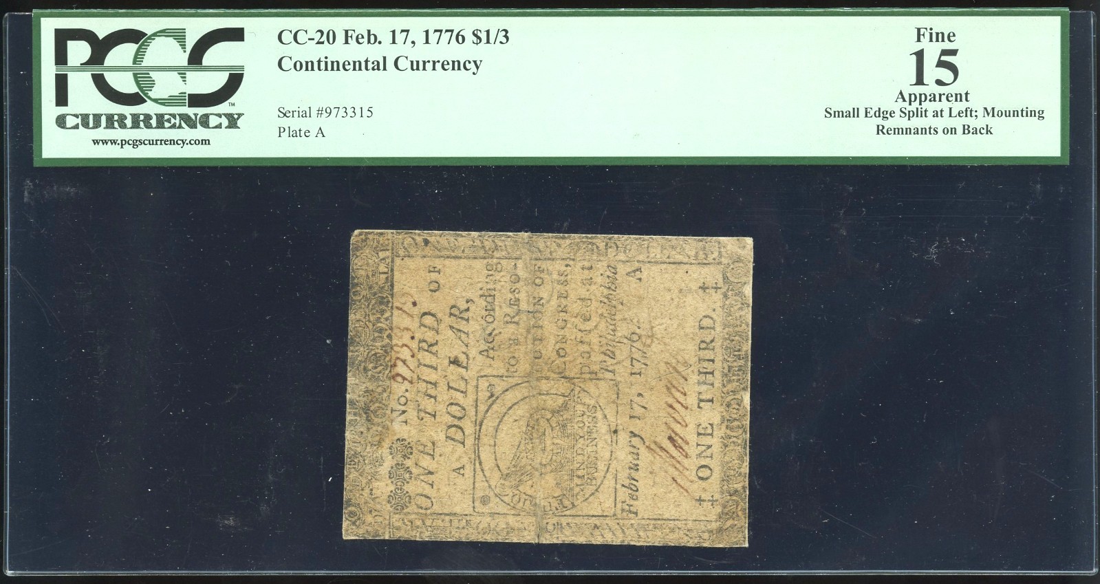 Continental $1/3 Fugio "Mind Your Business" February 17, 1776 CC-20 PCGS Fine 15