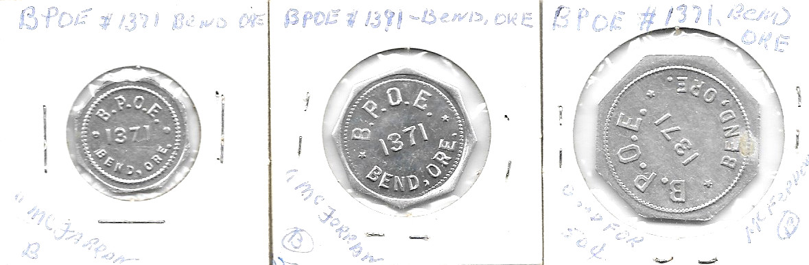 3 Bend, Oregon Trade Tokens B.P.O.E. 1371