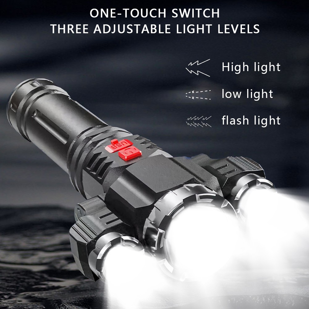 Super Bright 3 Head LED Flashlight Rechargeable Tactical Flashlights Work Light