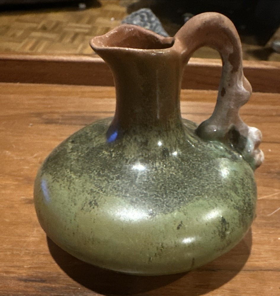 Handmade Studio Pottery Grey,Brown Green Glazed   With Handle Mini Pitcher