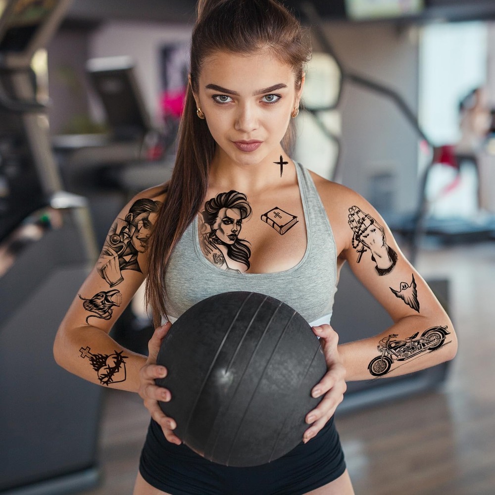 12 Sheets Large Chicano Temporary Tattoos, Cholo and Chola Multiple, Black