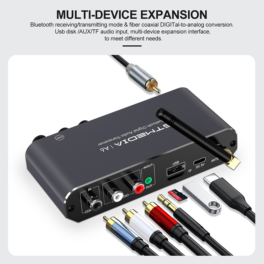 6-in-1 Bluetooth Transmitter Receiver Coaxial AUX USB L/R Stereo Audio Adapter