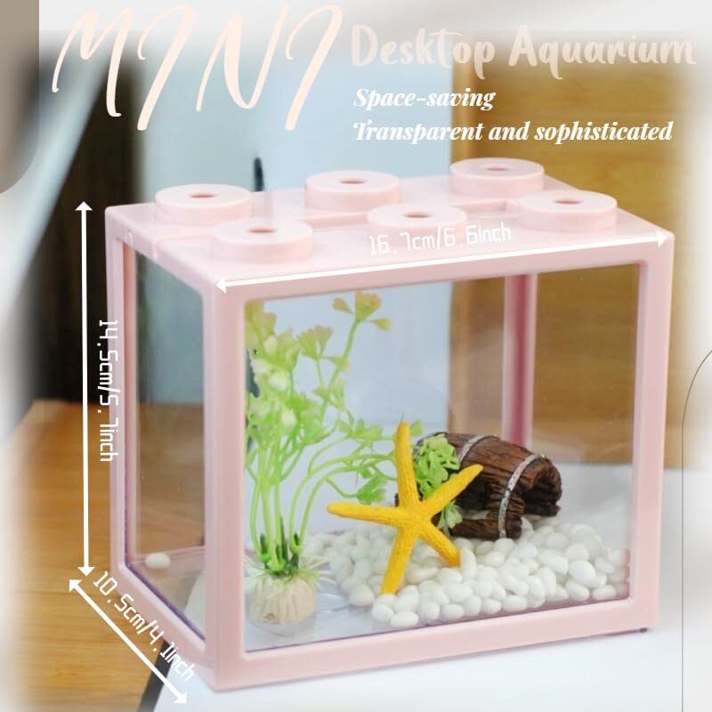 Small Betta Fish Tank, Stackable Mini Fish Tank Tiny Aquarium Tank Kit Pink