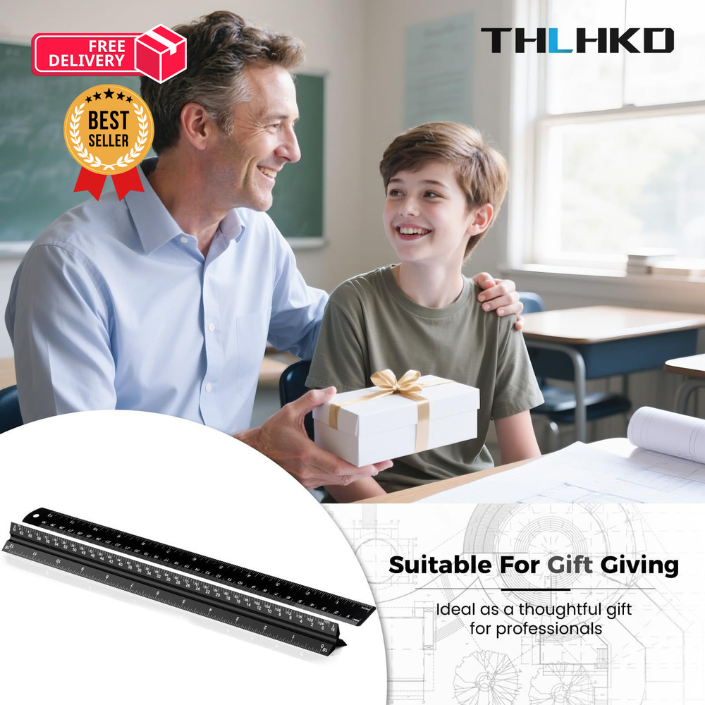 Rena Chris 2Pcs Architectural Scale Ruler, Triangular & Straight Black