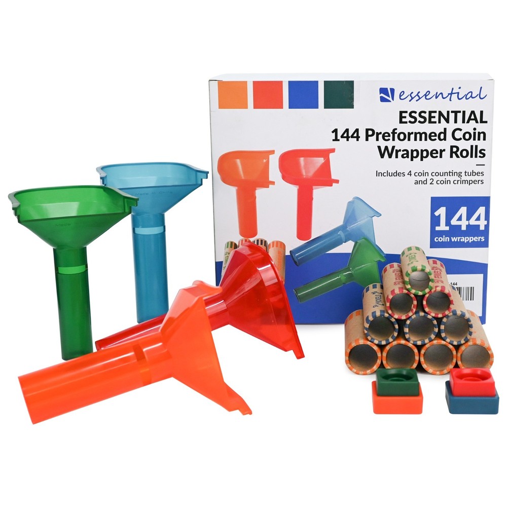 144 Pcs Assorted Coin Wrapper Rolls with Color Coded Tubes & Crimping Tool