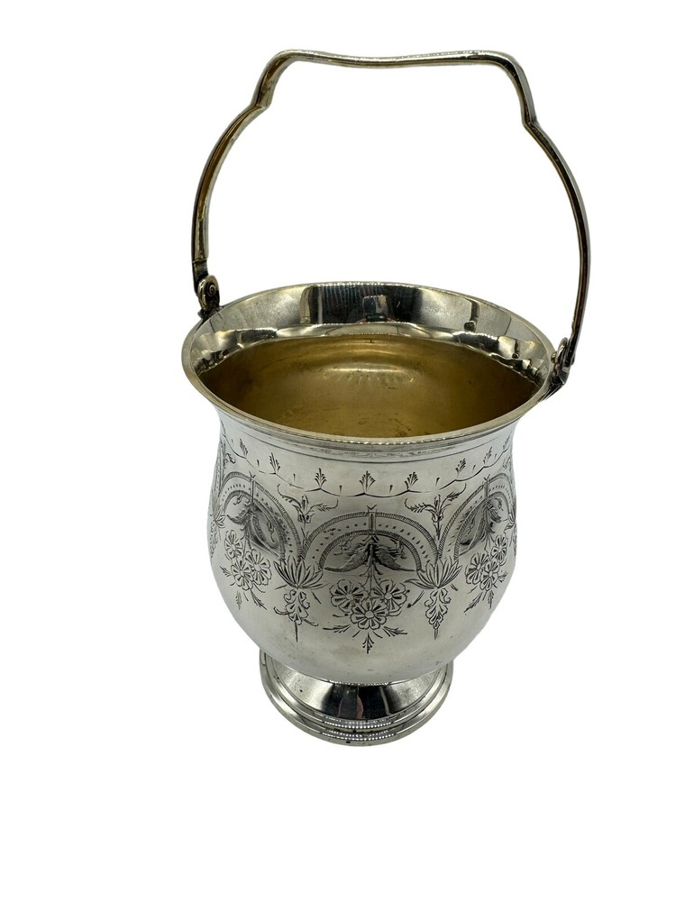 Vintage Eales 1779 Footed Silver Ice Bucket With Handle Etched Floral Pattern