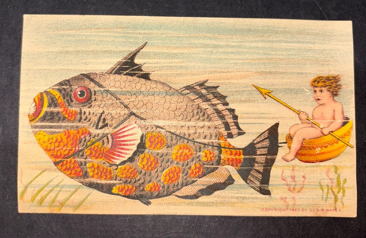Victorian Trade Card Absurd Baby Riding Trigger Fish Antique Colorful Surreal!!!