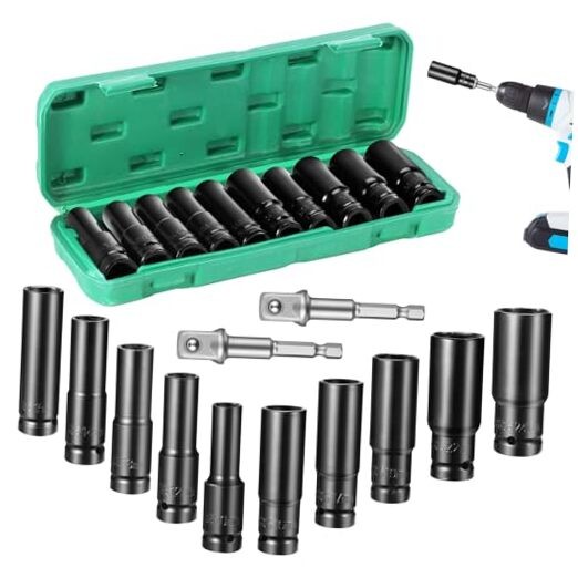 1/2" Drive Impact Socket Set, 12-Piece Deep Socket Set with Extension Bar,