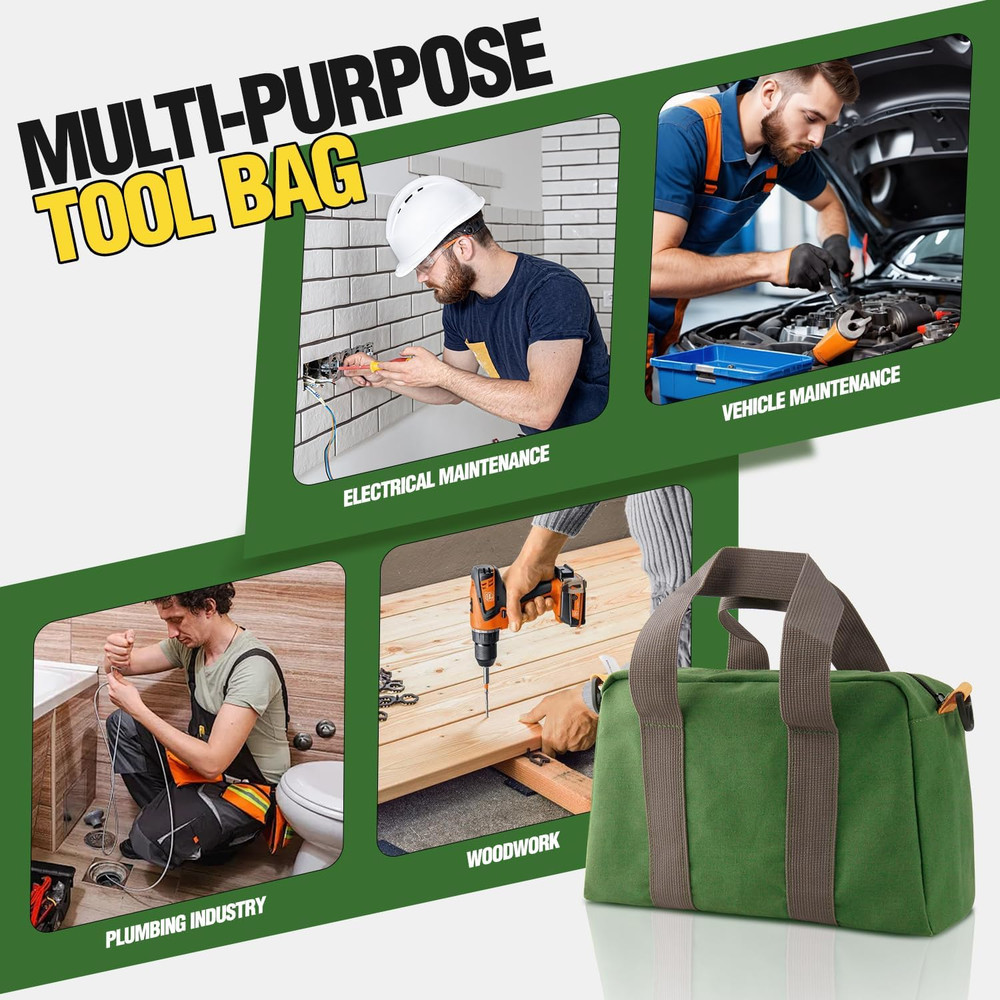 12 Inch Small Tool Bag, Canvas Tool Storage Bag, Large Capacity Multipurpose Zip
