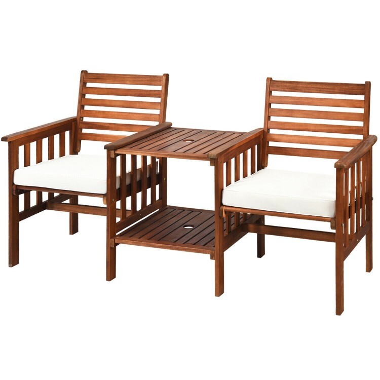 3PCS Outdoor Patio Cushion Furniture Acacia Wood Chair Coffee Table Set Backyard