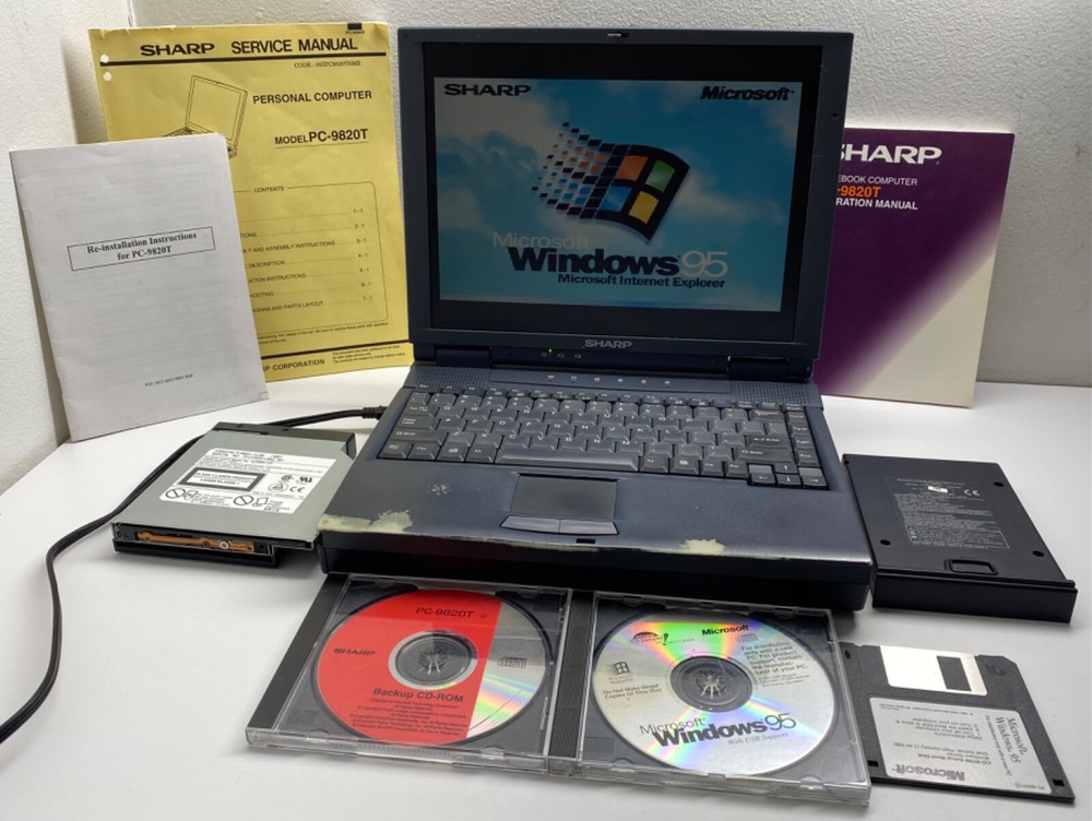 Vintage SHARP PC-9820T Personal Notebook Computer Retro Laptop CPU LOT Manuals
