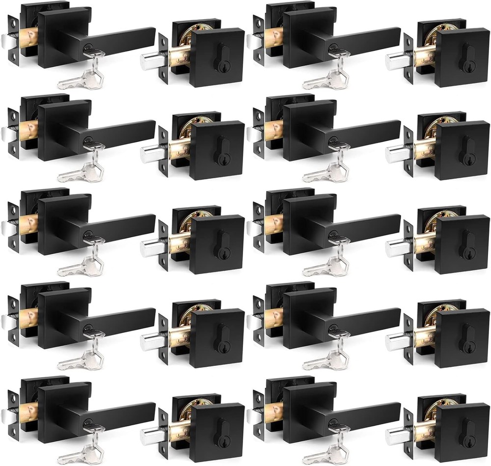 10 Pack Square Keyed Entry Levers & Single Cylinder Deadbolt Combo Flat Black