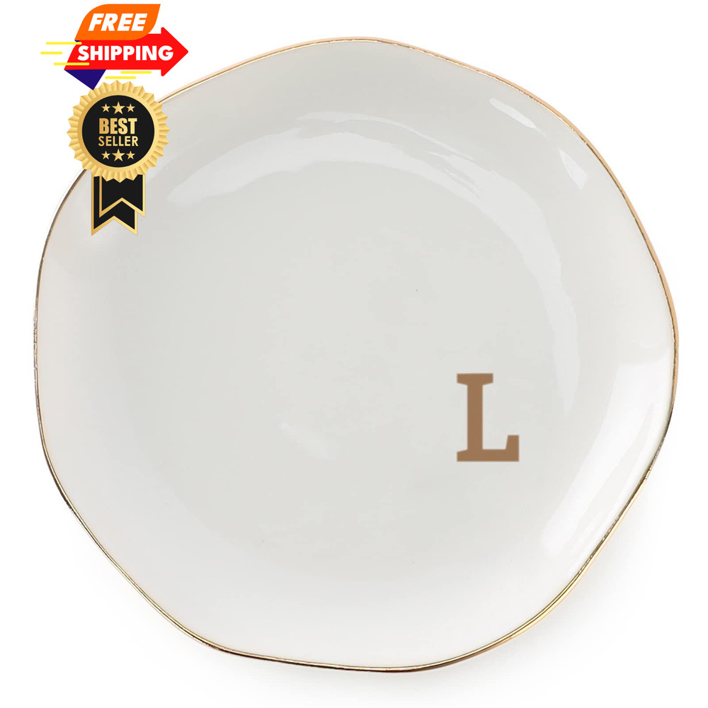 VINCOMIC Initials Ring Dish Jewery Tray with personalized 4.5", White