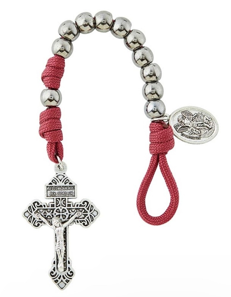 Saint Michael Paracord Pocket Rosary - 8mm Faux Hematite Beads - Pardon Crucifix